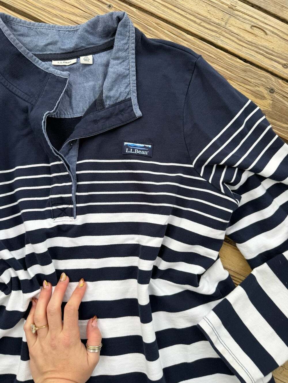 L.L.Bean Striped Snap-Front Pullover Shirt Navy White Size 1X Plus - Picture 3 of 5